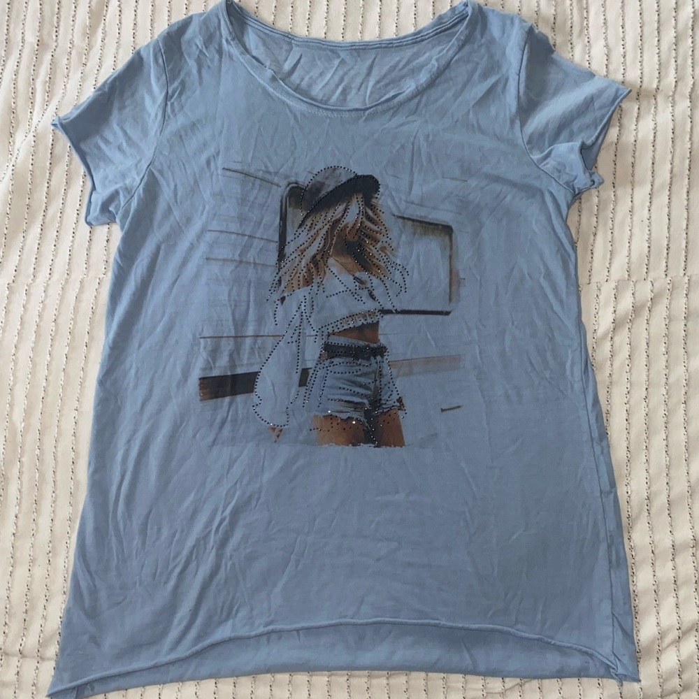 Light blue graphic t-shirt with rhinestone details